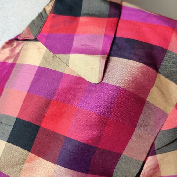 Robbie Bee Plaid Silk Blouse Button Up Pink Fuchsia Gold - Picture 8 of 10